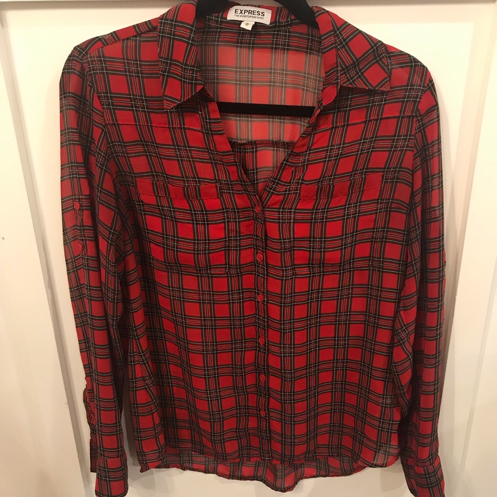 Red plaid sheer button up blouse